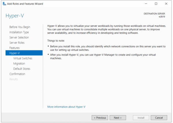 Установить роль Hyper-V в Windows Server 2019